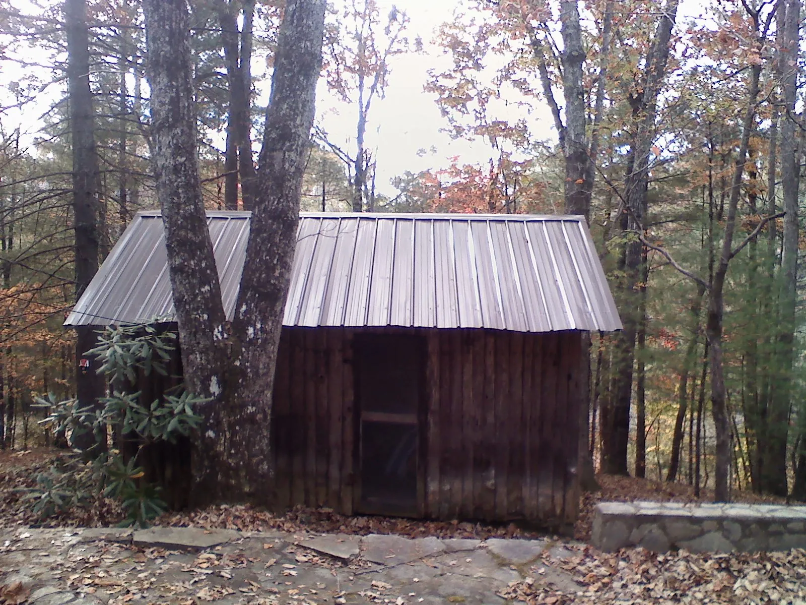 New metal gable roof on a small log shed among the trees in Monroeville